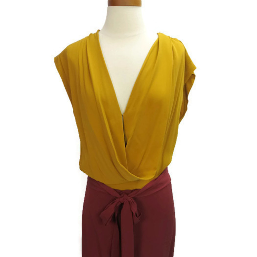 Diane Von Furstenberg Dress 2 Gold Maroon Cap Sleeves Career Dress Silk
